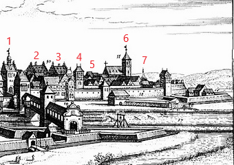 M. Merian: Reichsstadt Schweinfurt von 1648, Ausschnitt Zürch: 1 Brückentor; 2 Ebracher Hof, Wohnhaus; 3 Ebracher Hof, Speicherbau; 4 Zwingerturm; 5 Kutschenstation; 6 St. Salvator; 7 Pulverturm. 1 und 4 sind nicht mehr erhalten