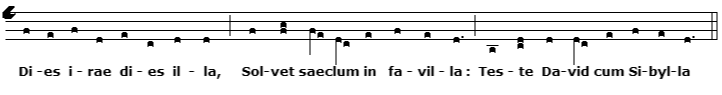 The Dies irae melody in four-line neumatic chant notation.