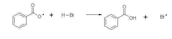 Réaction entre le radical benzoate et l'acide bromhydrique, formant l'acide benzoïque et un radical brome.