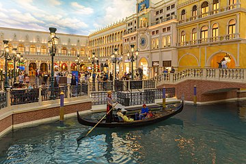 St. Mark's Square at the Grand Canal Shoppes is surrounded by restaurants and shops. It is also the site of live costumed shows.