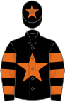 Black, orange star, hooped sleeves and star on cap