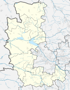 Mapa konturowa powiatu gliwickiego, u góry nieco na lewo znajduje się punkt z opisem „Toszek”