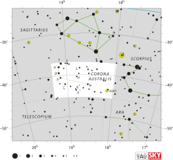 Diagram showing star positions and boundaries of the Corona Australis constellation and its surroundings