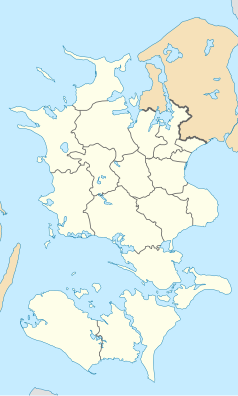 Mapa konturowa Zelandii, po prawej nieco u góry znajduje się punkt z opisem „Roskilde”