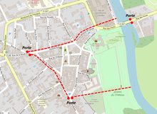 Carte avec le nom des rues actuelles et une ligne pointillé délimitant le tracé ancien de la ville.