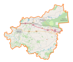 Mapa konturowa powiatu wielickiego, po lewej znajduje się punkt z opisem „Siercza”