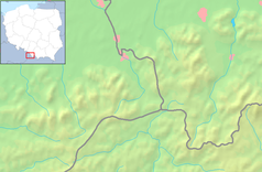 Mapa konturowa Beskidu Śląskiego, blisko centrum na dole znajduje się punkt z opisem „Wodospad Jastrzębi”