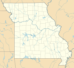 Mapa konturowa Missouri, po lewej nieco u góry znajduje się punkt z opisem „Kansas City”