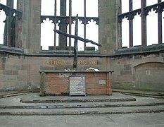 A wooden cross at Coventry Cathedral, constructed of the remnants of beams found after the Coventry Blitz