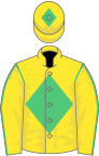 Yellow, emerald green diamond on body and cap, yellow sleeves, emerald green seams