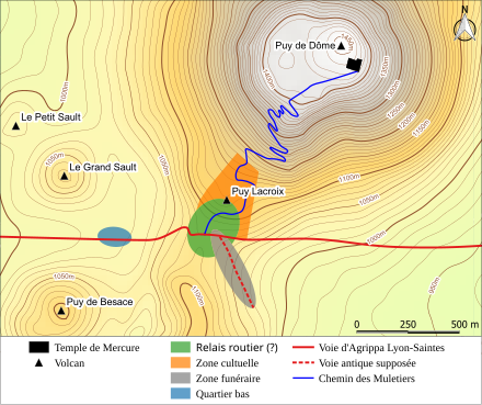 Plan de l'agglomération antique montrant la position du col de Ceyssat par rapport au puy de Döme, ainsi que les quatre secteurs identifiés de l'agglomération.