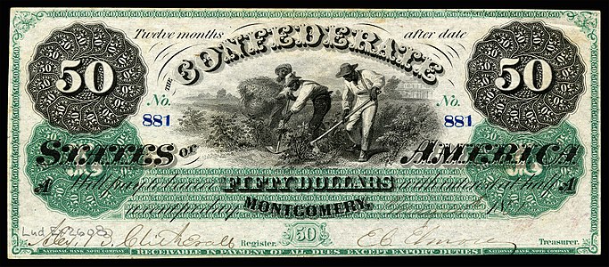 $50 Confederate States of America note from 1861, showing Slaves in a cotton field