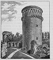 Le donjon, gravure de Auguste-Emmanuel Hotin, 1891.