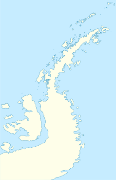 Mapa konturowa Półwyspu Antarktycznego, po lewej nieco na dole znajduje się punkt z opisem „Wyspa Aleksandra”