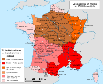 Carte représentant avec différentes couleurs les tarifs des différentes gabelles