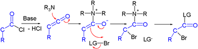 Mechanismus acylchloridové bromace Dogo-Isonagie 2006