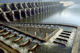 Grande échelle à poissons au barrage John Day sur le fleuve Columbia, États-Unis.