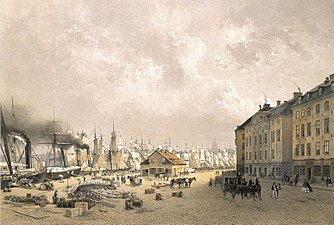 Skeppsbron mot syd 1860-talet, etsning av Carl Johan Billmark.