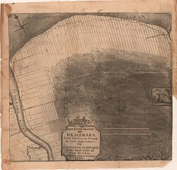 Map of Demerara-Essequibo following the slave rebellion in 1823, showing the disposition of plantations, Small crosses mark the places where slaves' heads or bodies were displayed