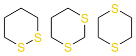 Structuurformule van 1,2-dithiaan, 1,3-dithiaan en 1,4-dithiaan