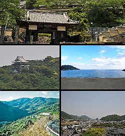 Top:Yakuo Temple in Okukawachi, 2nd left:Hiwasa Castle, 2nd right:Ohama Beach, Bottom left:Panorama vies of Mount Myojin, from Izari area, Bottom right:Panorama view of Hiwasa area, from Yakuo Temple