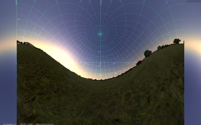 Morgens beim Sonnenaufgang genau in Richtung Osten: nach unten gewölbte Ekliptik (gelb), horizontales Koordinatensystem mit Meridian und Zenit grün.