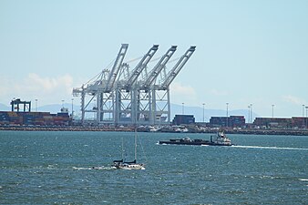 A south looking view of the Port of Long Beach with Santa Catalina Island in the background.