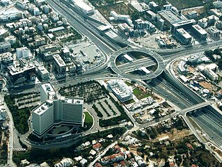 Aerial view of the A6/EO83 interchange in Marousi, North Athens, Greece