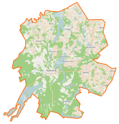 Mapa konturowa gminy Sulęczyno, blisko prawej krawiędzi znajduje się punkt z opisem „Borowiec”