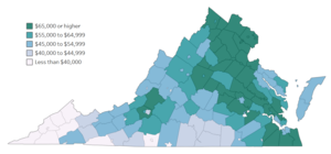 Map of Virginia counties colored by median household income, ranging from gray, to blue, to darker green.