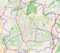 Mapa konturowa Łodzi, w centrum znajduje się punkt z opisem „Teatr Wielki w Łodzi”