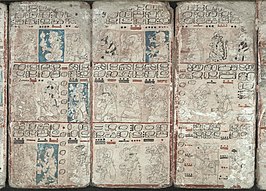 Pagina's 6, 7 en 8 van de Dresden Codex, met gliefen, cijfers en afbeeldingen die vaak in de tekst werden gevoegd.