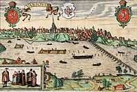 Vistula River in Warsaw near the end of the 16th century. The right side shows the Sigismund Augustus bridge built 1568–1573 by Erazm Cziotko (c. 500 m (1,600 ft) long).[41]