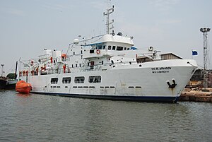 Passenger ship MV Amindivi of the Lakshdweep Islands administration docked at Old Mangalore port