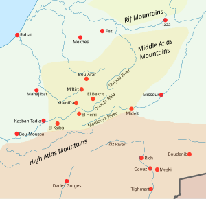 A map showing locations central to the Zaian War in the Middle and High Atlas Mountains of Morocco