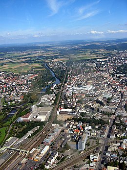 Die middestad van Gießen met die Lahnrivier