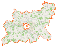 Mapa konturowa powiatu siedleckiego, na dole nieco na lewo znajduje się punkt z opisem „źródło”, natomiast u góry po lewej znajduje się punkt z opisem „ujście”