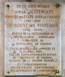 Memorial plaque on the Champs-Élysées, Paris, France, marking where Jefferson lived while he was Minister to France.