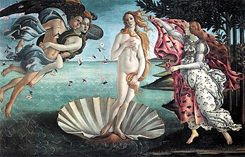 La Naissance de Vénus, peinte par Sandro Botticelli vers 1482. Tableau exposé à la Galerie des Offices de Florence (Italie). (définition réelle 2 435 × 1 560*)