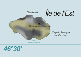 Carte de l'île de l'Est avec l'emplacement du mont Marion-Dufresne.