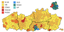 Grootste partij in iedere gemeente. In Brussel duidt de rode kleur Team Fouad Ahidar aan.