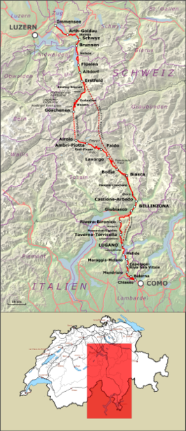 Spoorlijn Immensee - Chiasso op de kaart