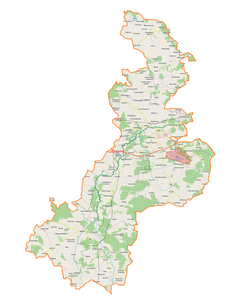 Mapa konturowa powiatu łaskiego, blisko górnej krawiędzi znajduje się punkt z opisem „Młyny w Przyrownicy”