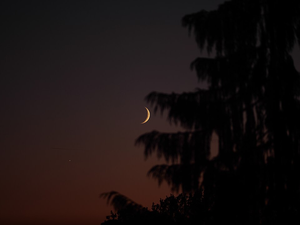 18:58 MESZ: Sechstes Flugzeug. Der Kondensstreifen befindet sich kurz vor Beginn der nautischen Dämmerung vollständig im Erdschatten. Die Venus befindet sich nur noch gut vier Bogengrad über dem Horizont, und der Stern Dschubba ist im Dunst gerade noch erkennbar.