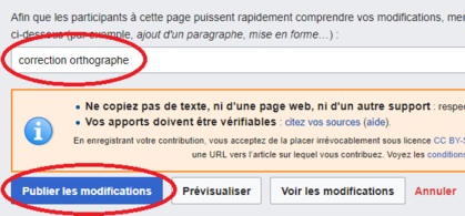 Capture d'écran de la boîte résumé de l'onglet « modifier le code » d'une page de Wikipédia.