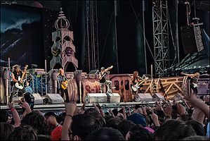 Iron Maiden live in Madrid, 16 July 2011. (l-r) Adrian Smith, Nicko McBrain (obscured), Dave Murray, Bruce Dickinson, Steve Harris, and Janick Gers.