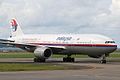 A Malaysia Airlines Boeing 777-200ER taxiing.