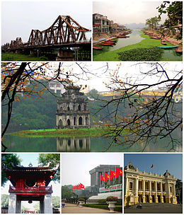 Clockwise from left: Turtle Tower yn Hoan Kiemmar, sintrum Hanoi; Ho Tsji-Minh Mausoleum; oeragebou; sunset over the Red River from Long Bien Bridge; Temple of Literature; One Pillar Pagoda