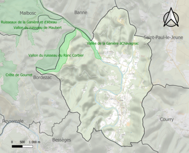 Carte des ZNIEFF de type 1 sur la commune.