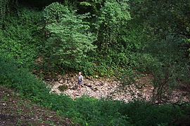 Photo prise en vue plongeante, montrant un homme tout en bas, debout dans un lit de rivière à sec et caillouteux.